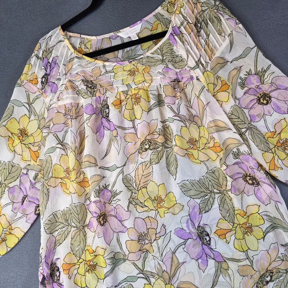 LC Lauren Conrad Blouse Womens L Multicolor Floral Chiffon Pleated 3/4 Sleeve